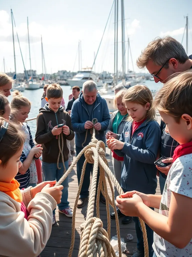 A group of children and adults participating in a knot-tying workshop at the Les Vieux Bouts de Sausset, demonstrating the transmission of maritime skills.