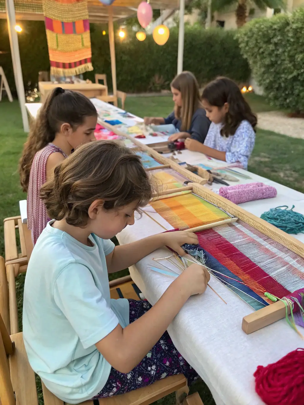 A group of children participating in a maritime knot-tying workshop at Les Vieux Bouts de Sausset, learning practical skills and engaging with naval history.