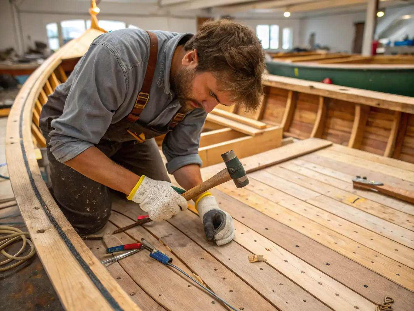 A detailed image of volunteers working on restoring an old ship's rigging, showcasing craftsmanship and teamwork.